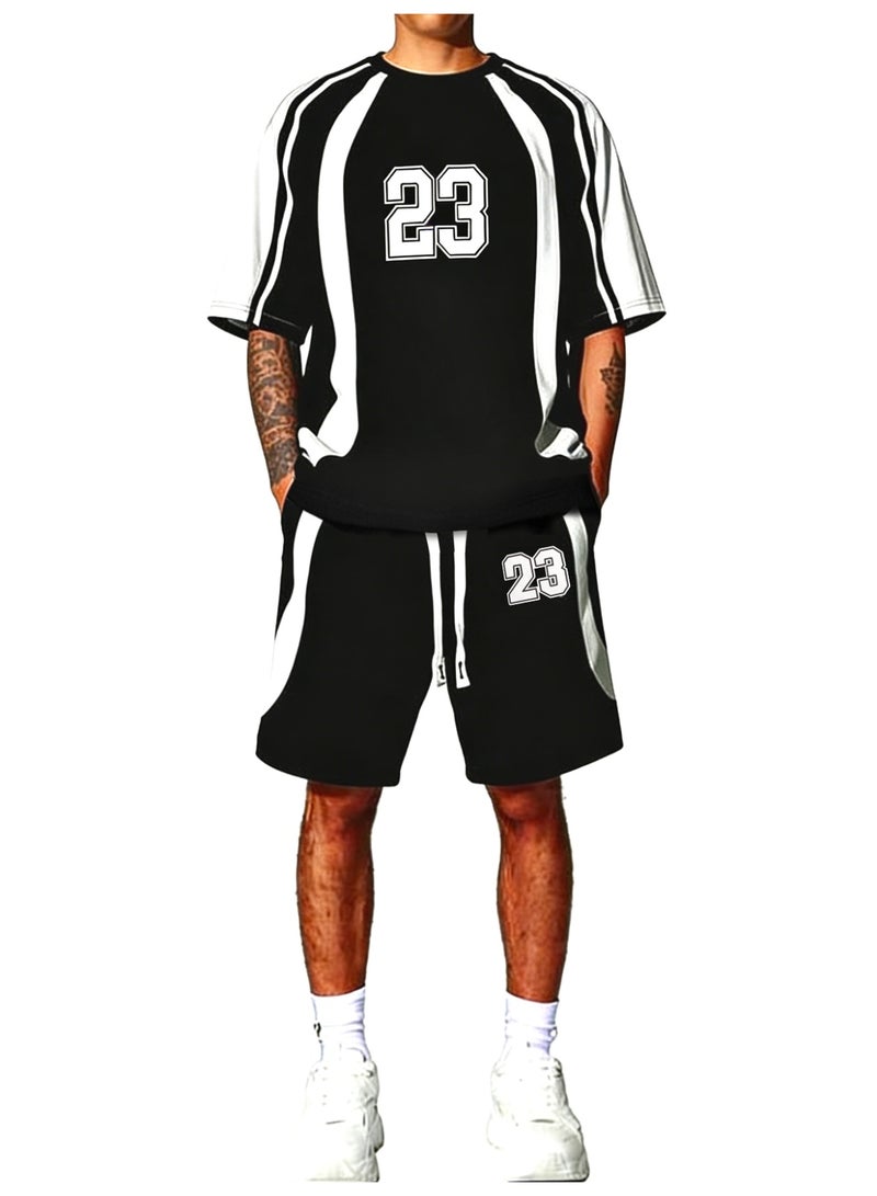 Men's Athletic 2-Piece Sets Contrast Panel Short Sleeve T-Shirt and Shorts Sportswear Outfit - Image 1