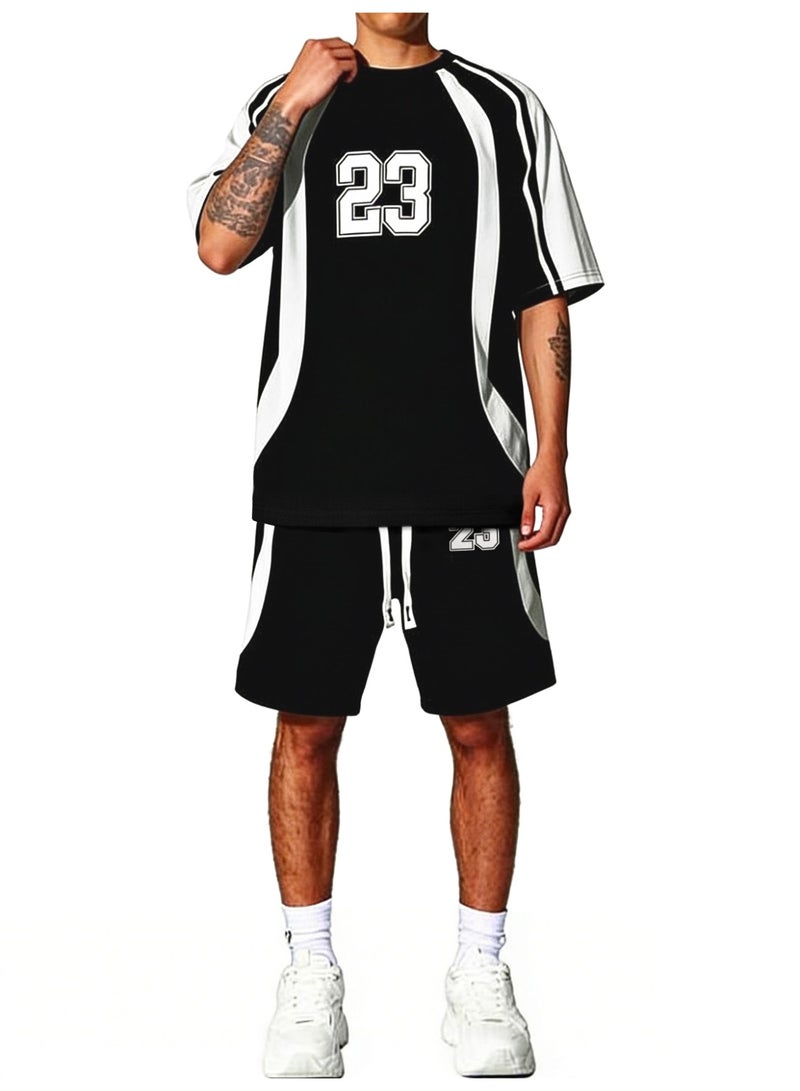 Men's Athletic 2-Piece Sets Contrast Panel Short Sleeve T-Shirt and Shorts Sportswear Outfit - Image 2