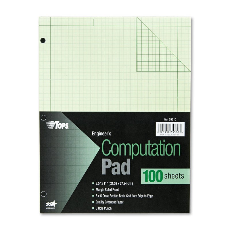 TOPS TOPS Engineering Computation Pad 3Hole Punched 85 x 11 Inches 5 Squares per Inch 100 Sheets Green 35510