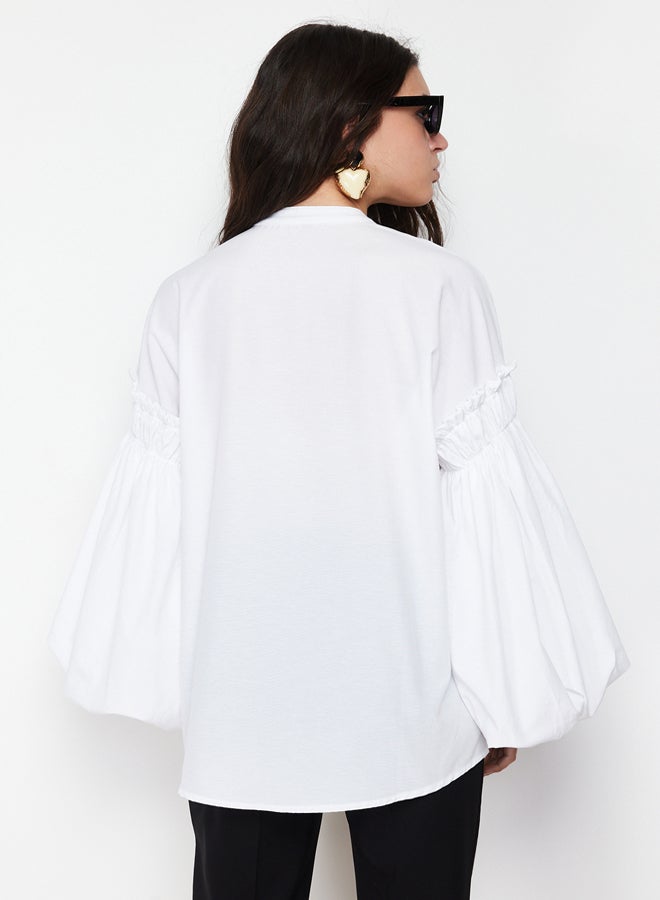 trendyol White Balloon Sleeve Cotton Woven Shirt - Image 5