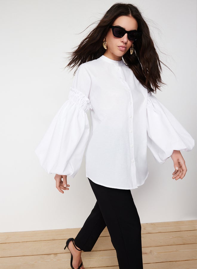 trendyol White Balloon Sleeve Cotton Woven Shirt - Image 1