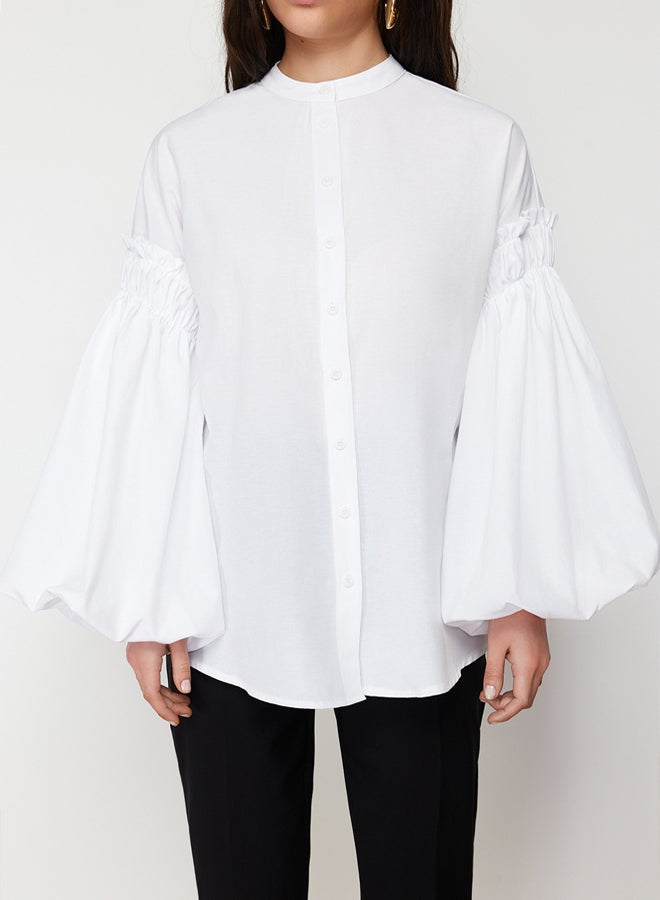 trendyol White Balloon Sleeve Cotton Woven Shirt - Image 3