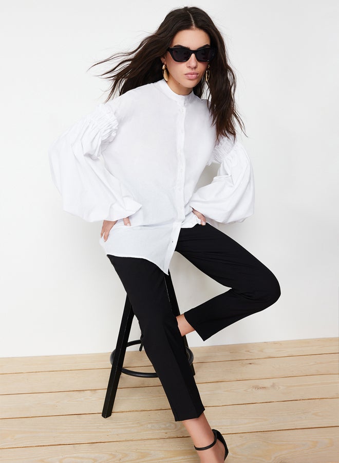 trendyol White Balloon Sleeve Cotton Woven Shirt - Image 2