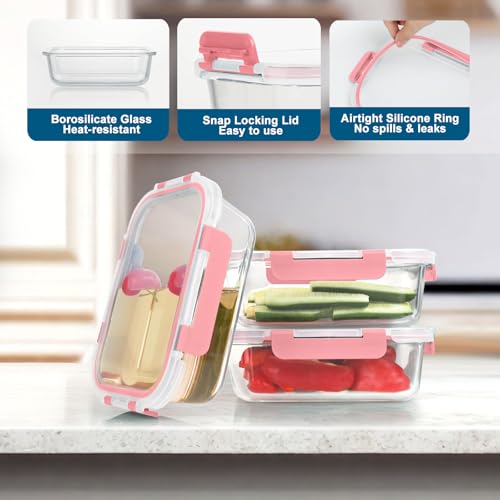BAYZZ 10 Pack Glass Meal Prep Containers, Glass Food Storage Containers with Lids, Airtight Lunch Box, Freezer,Oven,Microwave and Dishwasher Safe,Pink - Image 2