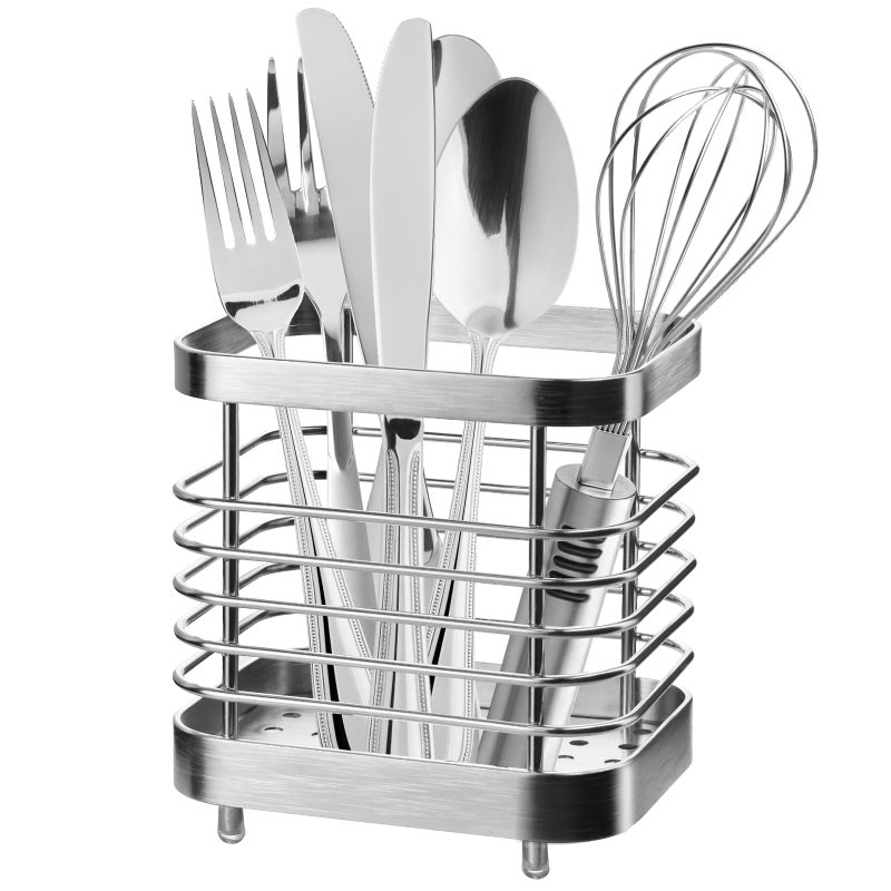 IWNTWY Utensil Holder, Stainless Steel Utensil Drying Rack for Kitchen Counter, Silverware Cutlery Flatware Holder Forks, Knives, Spoons, Chopsticks Organizer (Silver) - Image 1