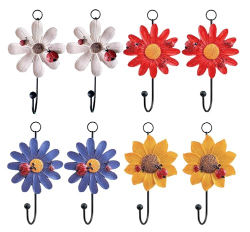 Notakia 8pcs Resin Daisy Flower Wall Hooks Decoration Hanging Coat Hooks Vintage Art Printing Iron Hook Key Hat Towel Wall Mounts Hooks Home Decor - Image 1