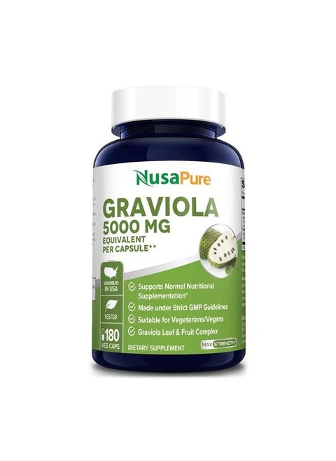 Graviola 5,000 mg Equivalent per caps. 180 Veggie Caps (Non-GMO, Gluten Free, Extract 10:1)