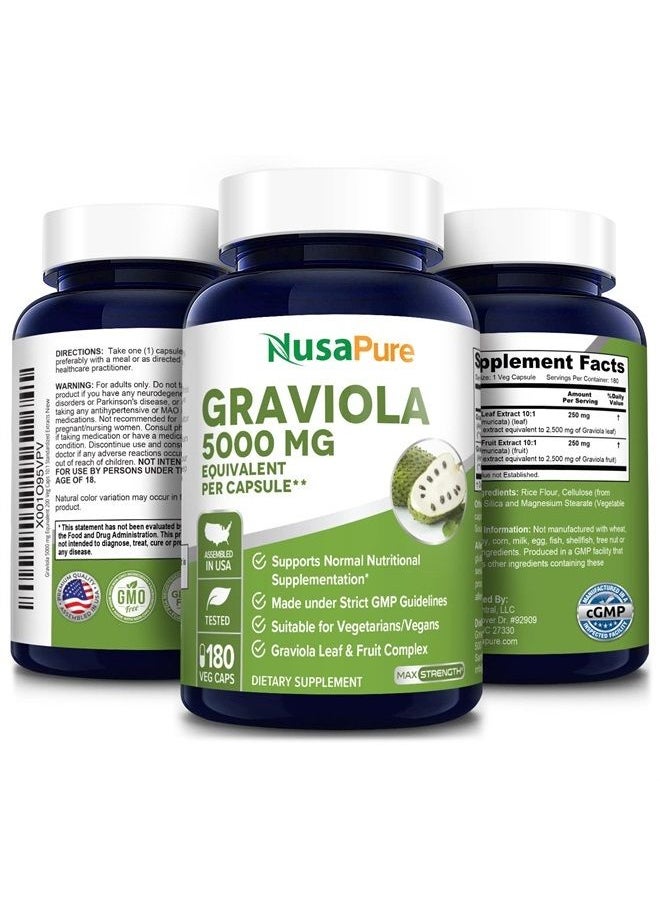Graviola 5,000 mg Equivalent per caps. 180 Veggie Caps (Non-GMO, Gluten Free, Extract 10:1)