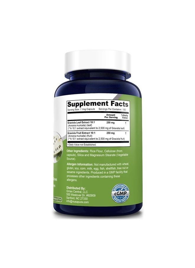 Graviola 5,000 mg Equivalent per caps. 180 Veggie Caps (Non-GMO, Gluten Free, Extract 10:1)
