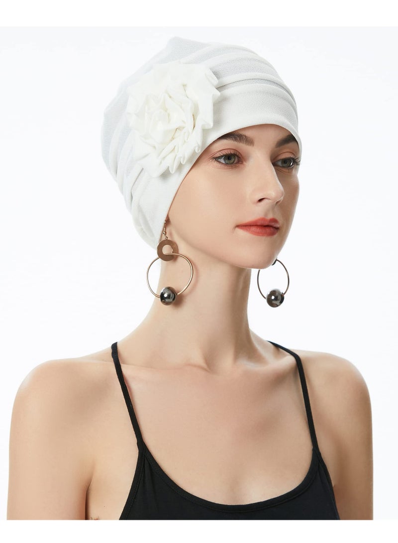 SYOSI Women's Turban Beanie Hat with Flower, Elastic Chemo Headwear, Floral Head Wrap Cap, White  - Image 5