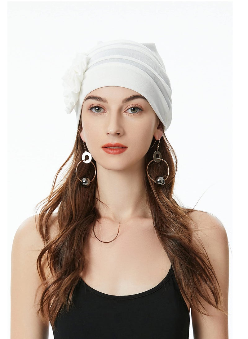 SYOSI Women's Turban Beanie Hat with Flower, Elastic Chemo Headwear, Floral Head Wrap Cap, White  - Image 2