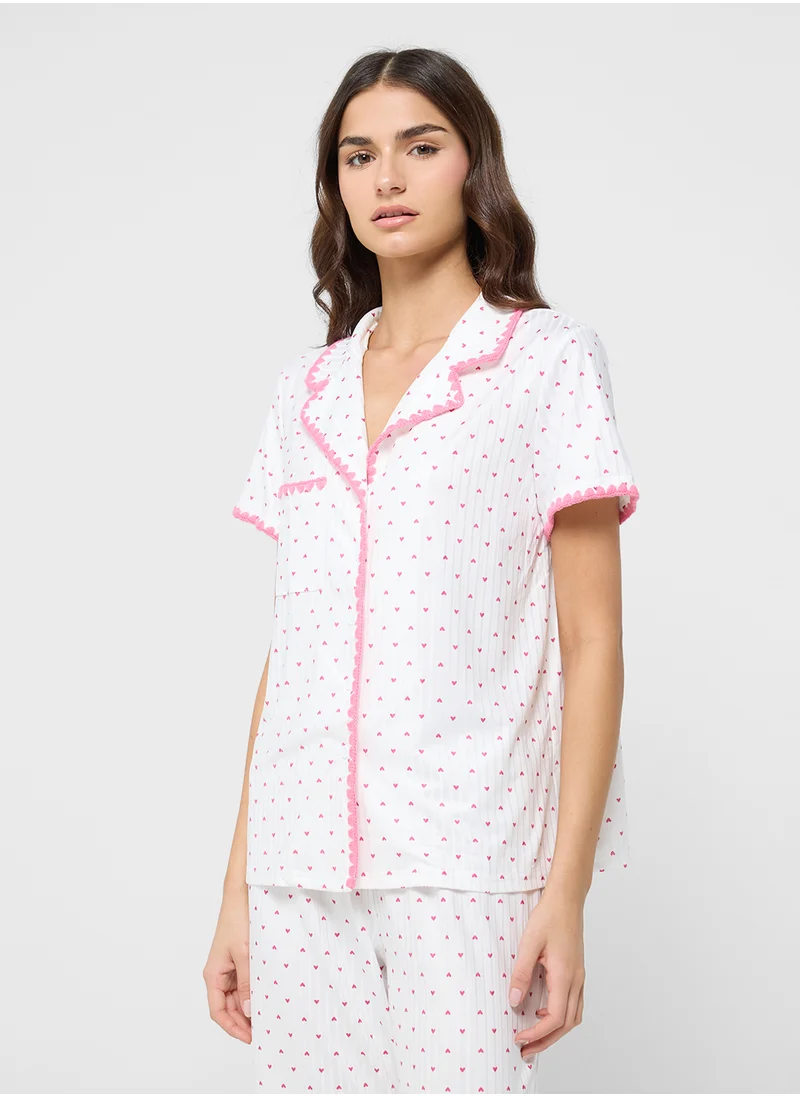 Ginger Ditsy Print Shirt & Pyjama Set With Contrast Trim