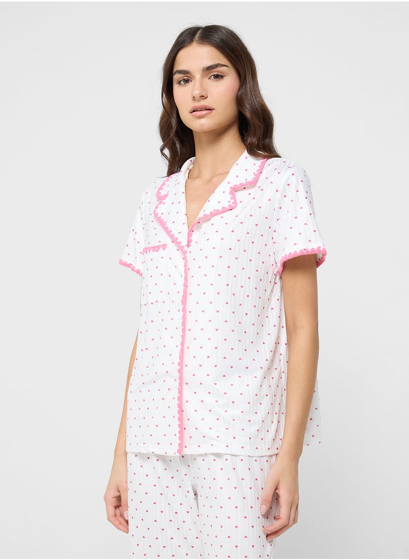 Ginger - Ditsy Print Shirt & Pyjama Set With Contrast Trim - Image 1