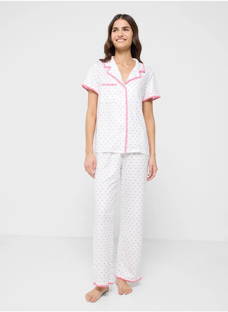 Ginger Ditsy Print Shirt & Pyjama Set With Contrast Trim