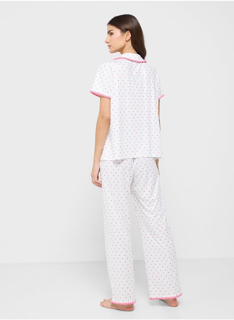 Ginger - Ditsy Print Shirt & Pyjama Set With Contrast Trim - Image 1