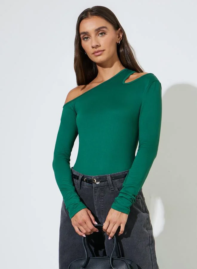 Styli Dark Green Cut Out Detail Long Sleeve T-Shirt