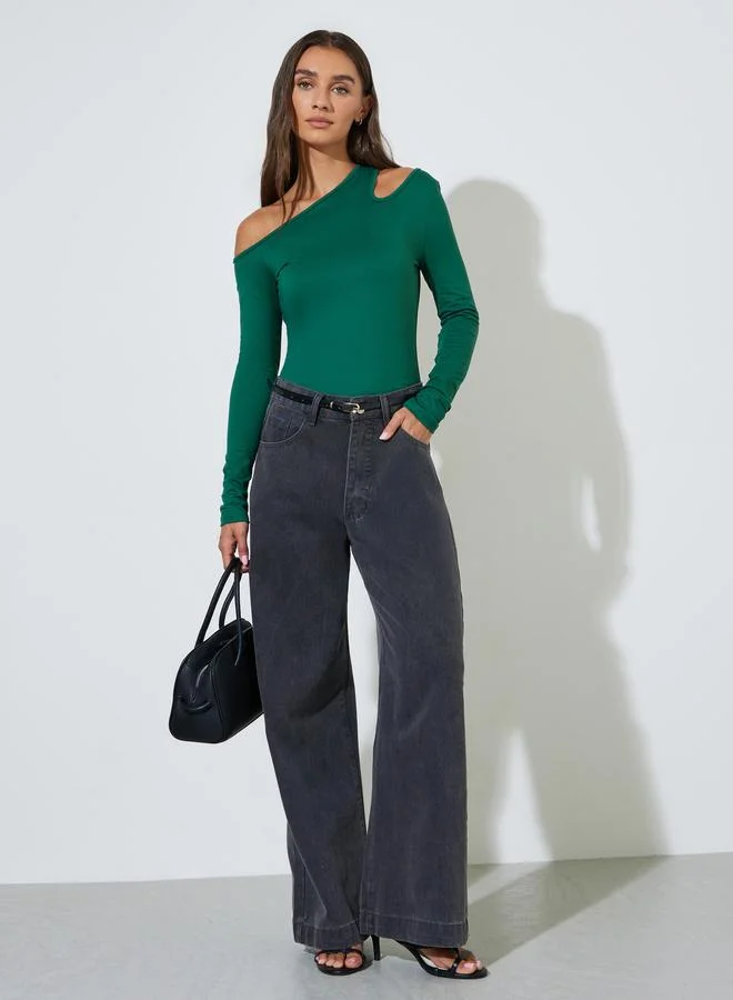 Styli Dark Green Cut Out Detail Long Sleeve T-Shirt