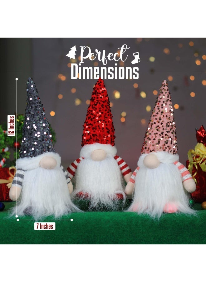تشيلور مجموعة من 3 دمى تماثيل عيد الميلاد الإسكندنافية من تشيلور، مع لحية وإضاءة LED، مصنوعة يدويًا على شكل سانتا كلوز سويدي، مقاس 12 بوصة، وقبعة من الترتر، وزينة عيد الميلاد في الليل، ودمية قزم، وزينة قزم باللون الأحمر. - Image 5