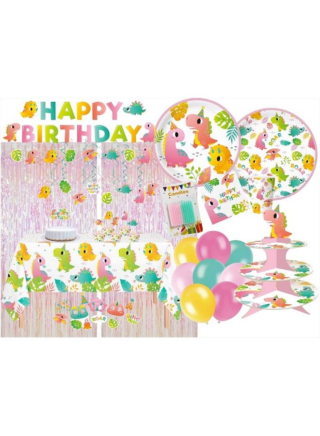 Oojami Serves 24 Party Pack Dinosaur Girls Party Includes Plates Cups Napkins Table Covers Balloons Candles Cake Topper Cup Cake Topper Cup Cake Stand Banners Swirls Photo Props Fringe Curtain - Image 2