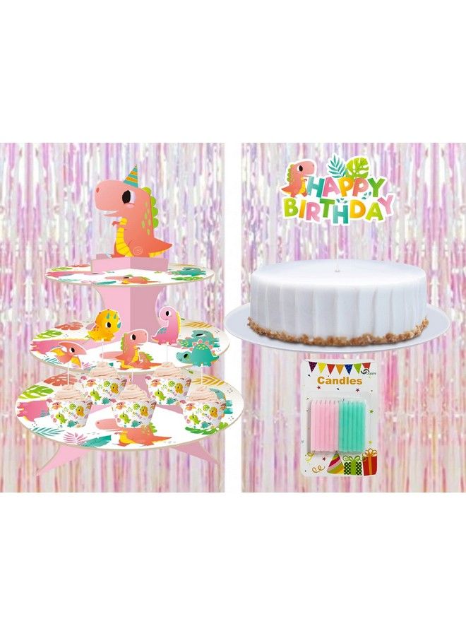 Oojami Serves 24 Party Pack Dinosaur Girls Party Includes Plates Cups Napkins Table Covers Balloons Candles Cake Topper Cup Cake Topper Cup Cake Stand Banners Swirls Photo Props Fringe Curtain - Image 5