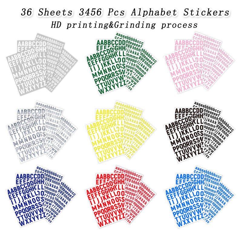 Prstincol 3456 Pcs 36 Sheets Colorful Alphabet Stickers Pad, 9 Colors Self Adhesive Letter Number Stickers Vinyl Waterproof Decals for Mailbox Gift Decoration Door Classroom Decor DIY Crafts - Image 3
