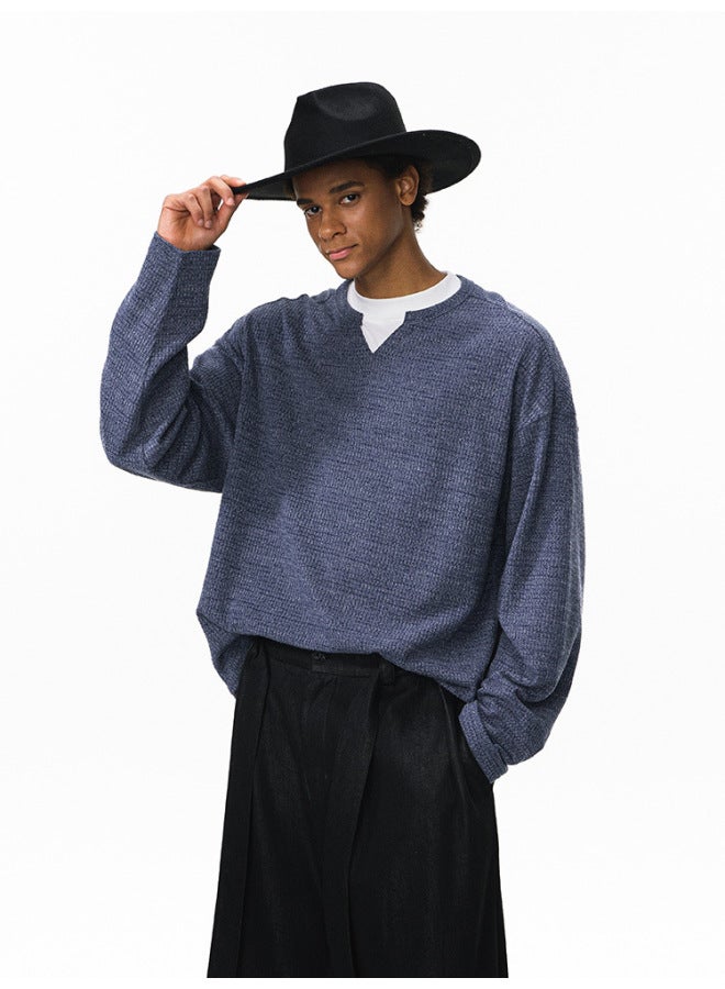 INFLATION Jiezhan Men's Wear | Blended Waffle Open Collar Long Sleeve 25 Autumn New Solid Color V-neck Loose Old Money Style Men's T-shirt - Image 2