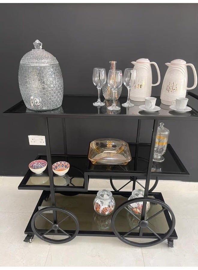 Horoof Market Horoof Home® Luxury 2-Tier Black Iron Serving Trolley with Heavy Black Glass and 20mm Acrylic Shelves – 100x120x50 cm, Premium Beverage Cart, 2 cm thickness  - Image 1