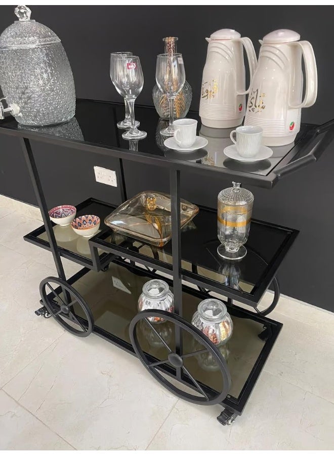 Horoof Market Horoof Home® Luxury 2-Tier Black Iron Serving Trolley with Heavy Black Glass and 20mm Acrylic Shelves – 100x120x50 cm, Premium Beverage Cart, 2 cm thickness  - Image 3