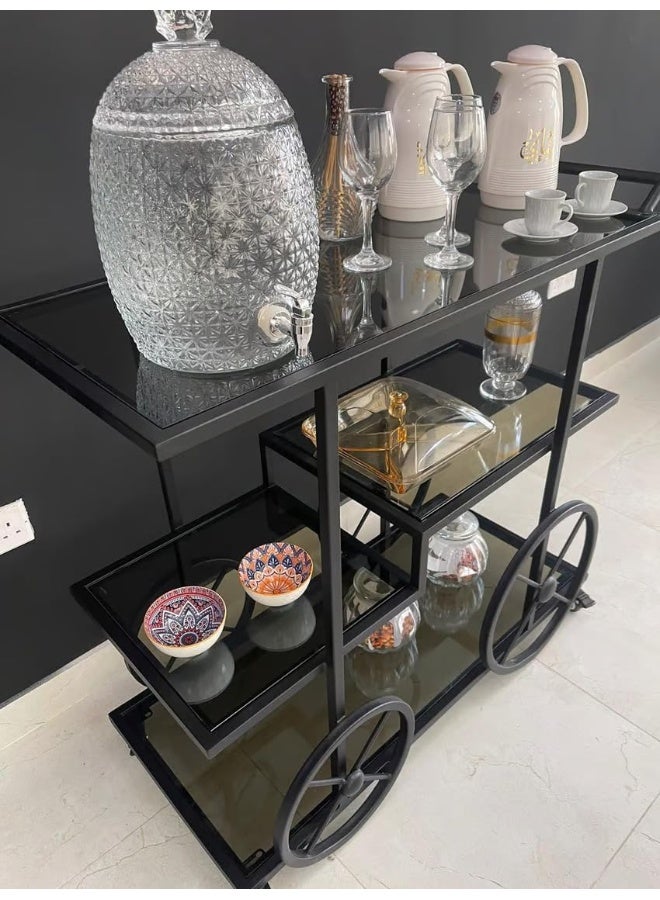 Horoof Market Horoof Home® Luxury 2-Tier Black Iron Serving Trolley with Heavy Black Glass and 20mm Acrylic Shelves – 100x120x50 cm, Premium Beverage Cart, 2 cm thickness  - Image 4