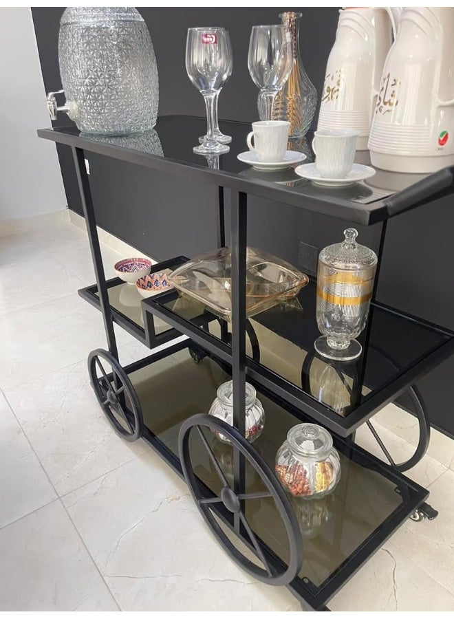 Horoof Market Horoof Home® Luxury 2-Tier Black Iron Serving Trolley with Heavy Black Glass and 20mm Acrylic Shelves – 100x120x50 cm, Premium Beverage Cart, 2 cm thickness  - Image 5