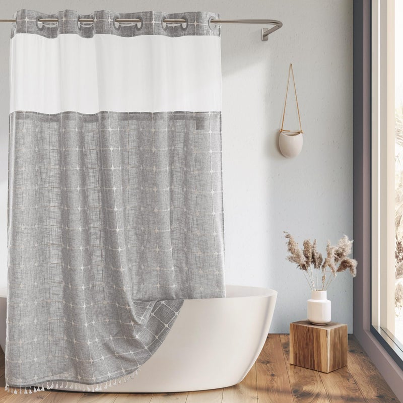 River Dream Farmhouse Shower Curtain with Snap-in Liner, No Hooks Needed Fabric Shower Curtains with Tassels for Rustic Bathroom Decor, with Window,with Magnets,Water Repellent&Machine Washable,Grey,71x74Inch - Image 1