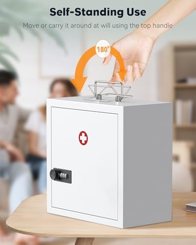 Uniclife Wall Mount Medicine Cabinet with Combination Lock & Handle Locking First Aid Cabinet Lockable Medical Cabinet Medium Medicine Organizer Secure Steel Wall Cabinet Metal Storage Box, White - Image 3