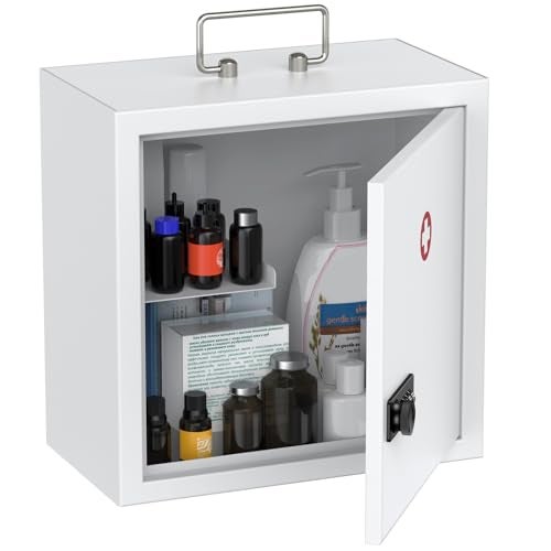 Uniclife Wall Mount Medicine Cabinet with Combination Lock & Handle Locking First Aid Cabinet Lockable Medical Cabinet Medium Medicine Organizer Secure Steel Wall Cabinet Metal Storage Box, White - Image 1