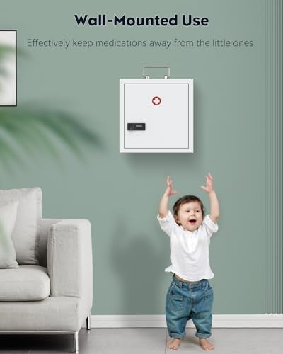 Uniclife Wall Mount Medicine Cabinet with Combination Lock & Handle Locking First Aid Cabinet Lockable Medical Cabinet Medium Medicine Organizer Secure Steel Wall Cabinet Metal Storage Box, White - Image 5