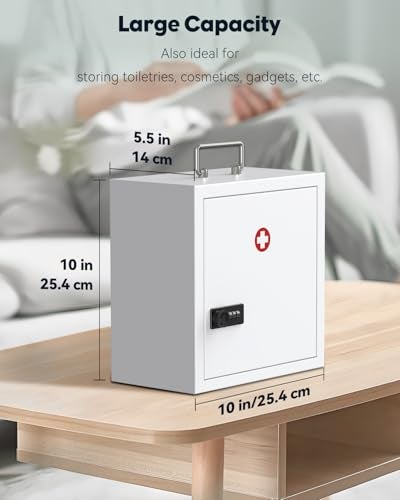 Uniclife Wall Mount Medicine Cabinet with Combination Lock & Handle Locking First Aid Cabinet Lockable Medical Cabinet Medium Medicine Organizer Secure Steel Wall Cabinet Metal Storage Box, White - Image 2