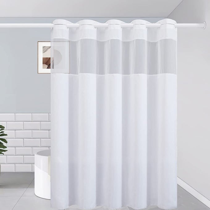 EXTRA LONG NO HOOK SHOWER CURTAINPOLYESTER FABRIC BATHROOM CURTAINS WITH MESH TOP WINDOWWATERPROOF MAHCINE WASHABLEWHITE78X96 INCH