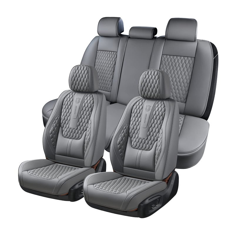 Coverado Car Seat Covers Full Set Nappa Leather Seat Covers for Car Waterproof Car Seat Protector with Lumbar Support Automotive Seat Covers Universal Fit for Most Cars SUV Trucks Gray