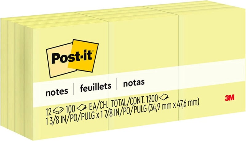 Post It Post-it Mini Notes, 1.5x2 in, 12 Pads, Canary Yellow, Clean Removal, Recyclable - Image 1