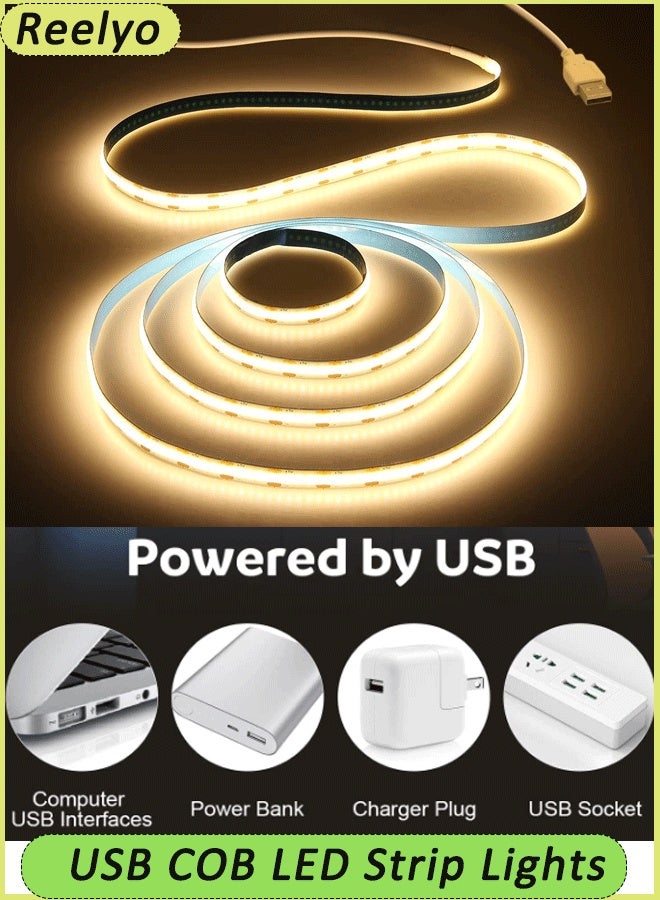 Reelyo USB COB LED Strip Lights Warm White 5V 5M Flexible LED Tape Light Kit USB Powered Super Bright LED Backlight for TV Bedroom Kitchen Home Vanity Mirror Cabinet Boat Decor - Image 1