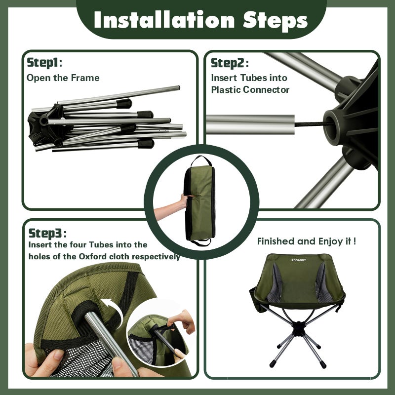 RODANNY Camping Chairs, 360Â° Degree Swivel Folding Chairs,Portabl Outdoor Chairs for Travel Hiking Fishing lawns Picnic Hunting,Support 305 LBS,Lghtweight,Green - Image 4