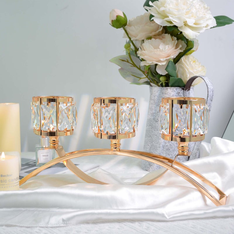 kolnlala 3 Arms Crystal Bowl Tealight Candelabra Votive Candle Stand, Candlestick Holders Wedding centerpieces for Tables Crystal Candlestickï¼ŒCenterpiece Table Decorations (Gold) - Image 2