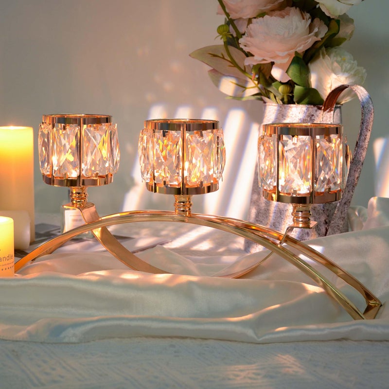 kolnlala 3 Arms Crystal Bowl Tealight Candelabra Votive Candle Stand, Candlestick Holders Wedding centerpieces for Tables Crystal Candlestickï¼ŒCenterpiece Table Decorations (Gold) - Image 4