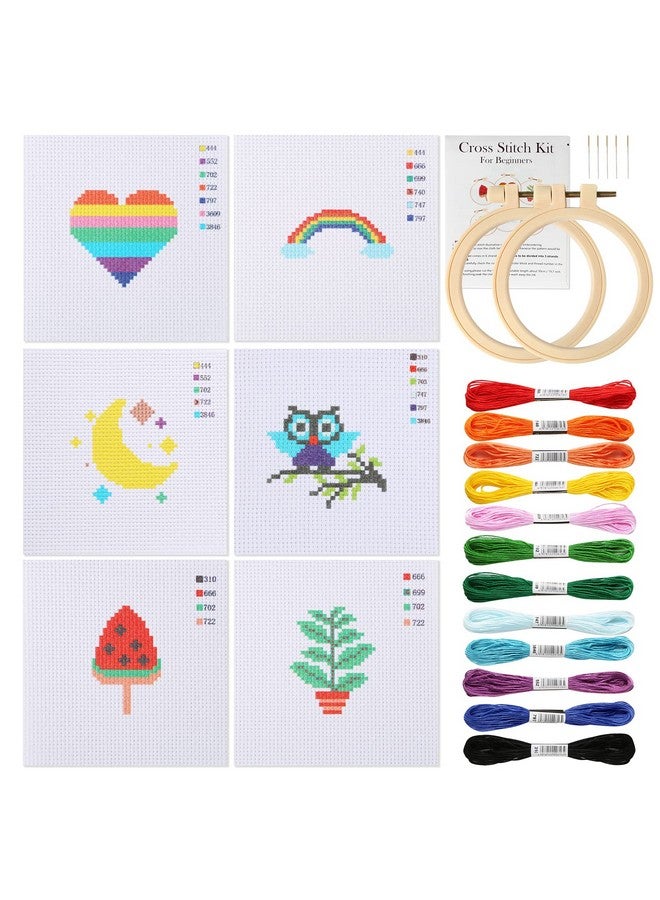 Pllieay Cross Stitch Beginner Kit For Kids 7-13, Includes 6Pcs Project Cross Stitch Pattern And 2Pcs Hoops, 12 Skeins, Needle Point Starter Kit Sewing Set With Instructions For Christmas Gift  - Image 1