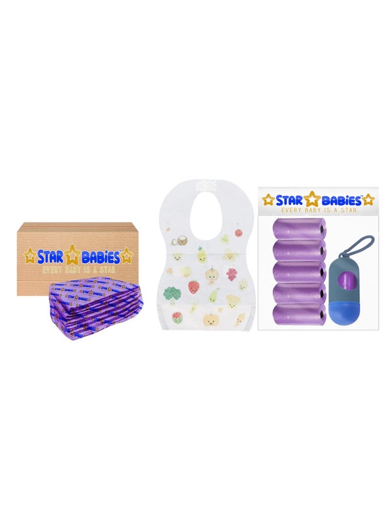 STAR BABiES Combo Disposable Changing Mat 10Pcs Disposable Bibs 5Pcs Scented Bag 5Pcs Lavender  - Image 1