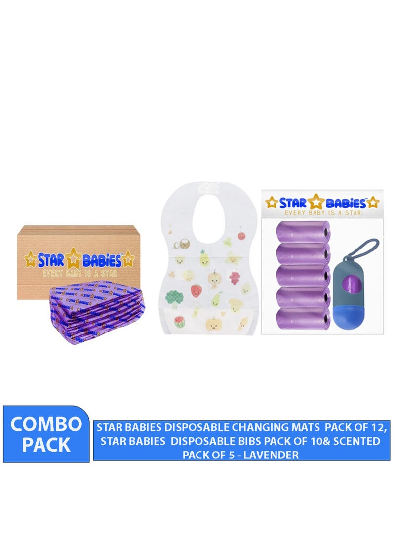 STAR BABiES Combo Disposable Changing Mat 10Pcs Disposable Bibs 5Pcs Scented Bag 5Pcs Lavender  - Image 2