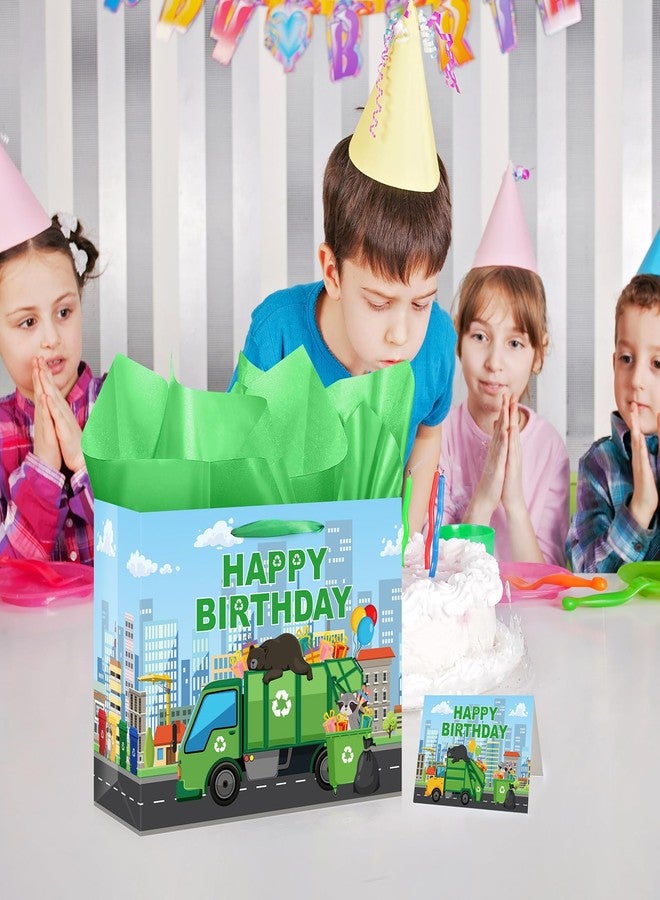 TAKEALOOKO Trash Truck Birthday Decorations Gift Bag - Garbage Trucks Themed Giftbag with Greeting Card and Tissue Paper, Rubbish Car Party Favors Bags for Kids Birthday Party, Baby Shower Supplies - Image 3