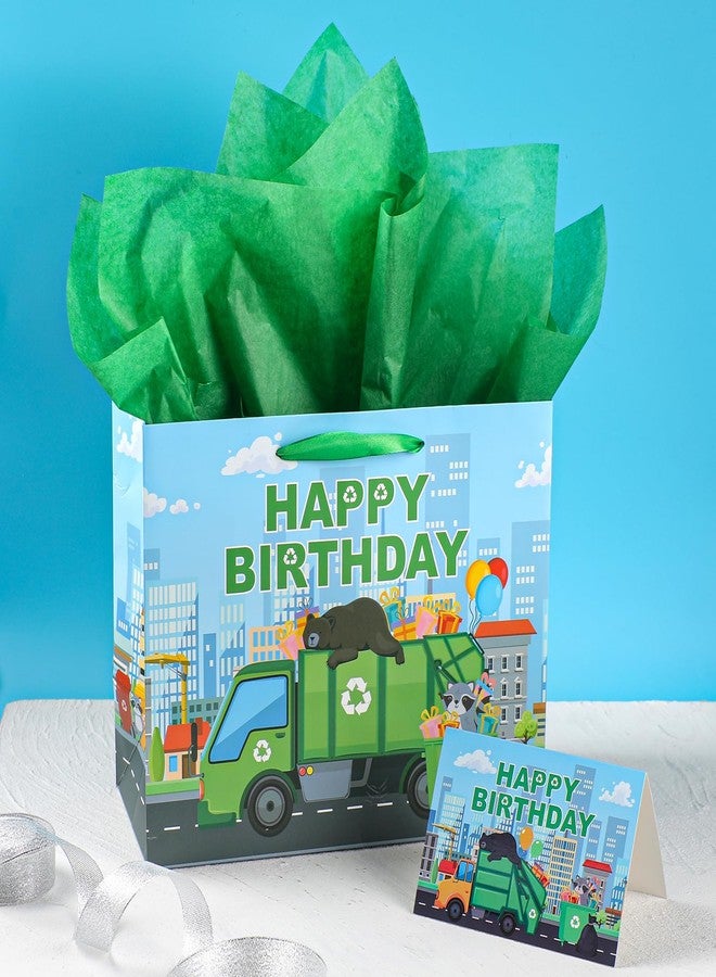 TAKEALOOKO Trash Truck Birthday Decorations Gift Bag - Garbage Trucks Themed Giftbag with Greeting Card and Tissue Paper, Rubbish Car Party Favors Bags for Kids Birthday Party, Baby Shower Supplies - Image 2