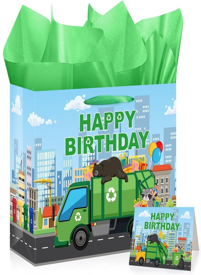 TAKEALOOKO Trash Truck Birthday Decorations Gift Bag - Garbage Trucks Themed Giftbag with Greeting Card and Tissue Paper, Rubbish Car Party Favors Bags for Kids Birthday Party, Baby Shower Supplies - Image 1