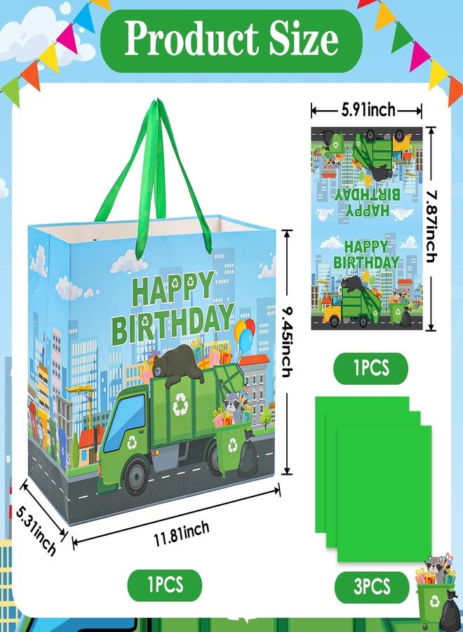 TAKEALOOKO Trash Truck Birthday Decorations Gift Bag - Garbage Trucks Themed Giftbag with Greeting Card and Tissue Paper, Rubbish Car Party Favors Bags for Kids Birthday Party, Baby Shower Supplies - Image 4