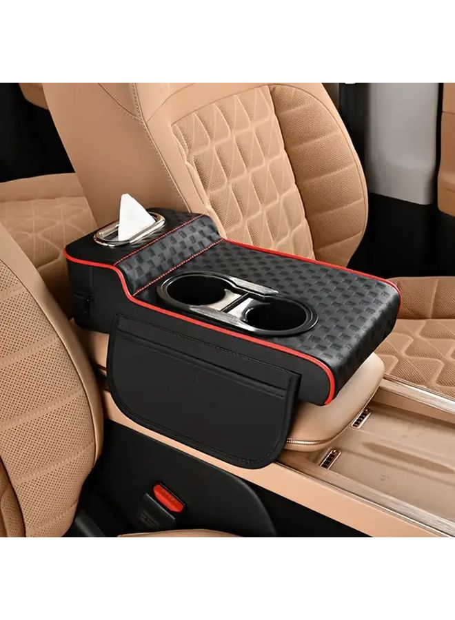 Black 5 In 1 Car Armrest Cushion With Tissue Box Cup Holder Storage Bag Ergonomic Design Universal Fit - Image 2